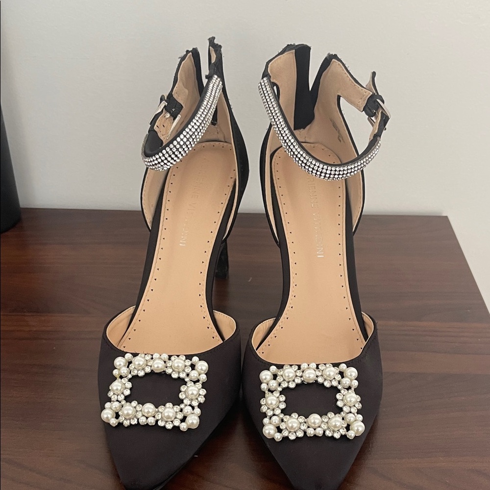 Elegant Black Pearl-Embellished Heels